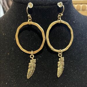 Gold Hoop Earrings with Feather Charm